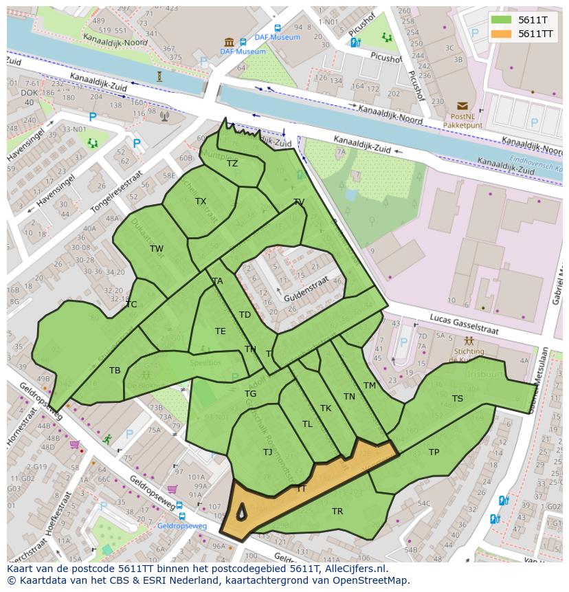 Afbeelding van het postcodegebied 5611 TT op de kaart.