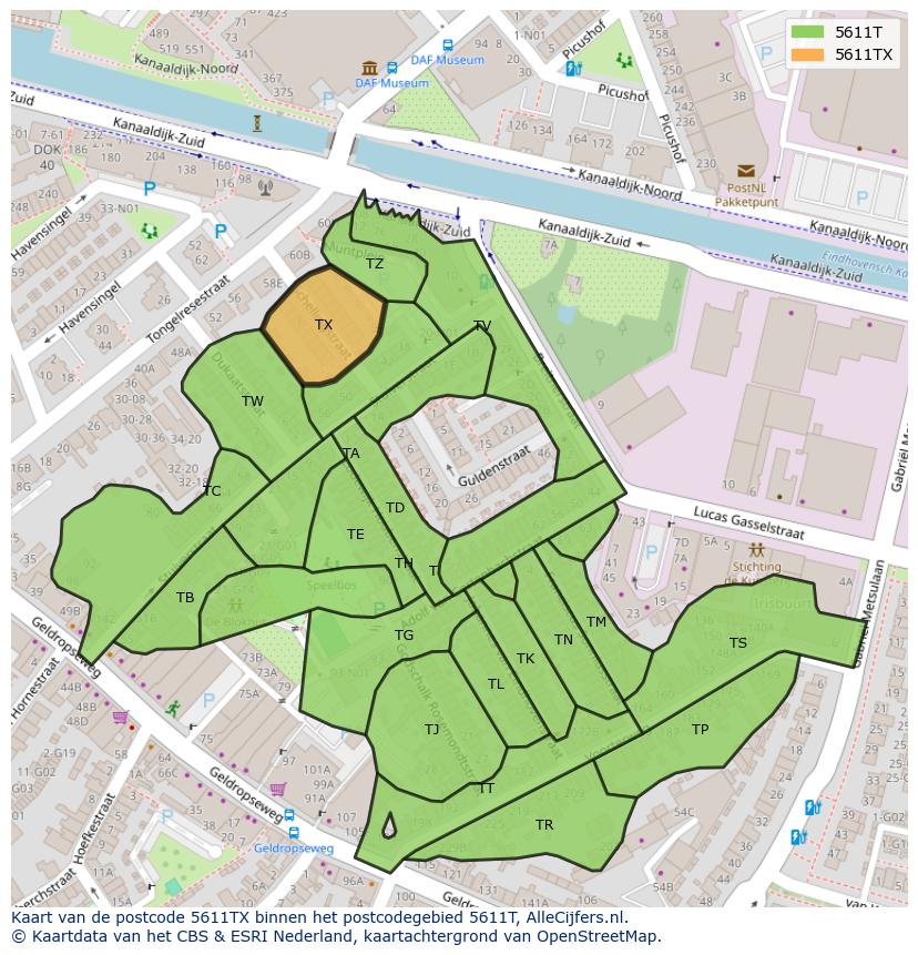 Afbeelding van het postcodegebied 5611 TX op de kaart.