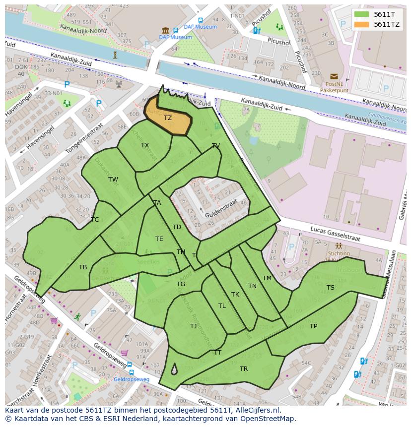 Afbeelding van het postcodegebied 5611 TZ op de kaart.