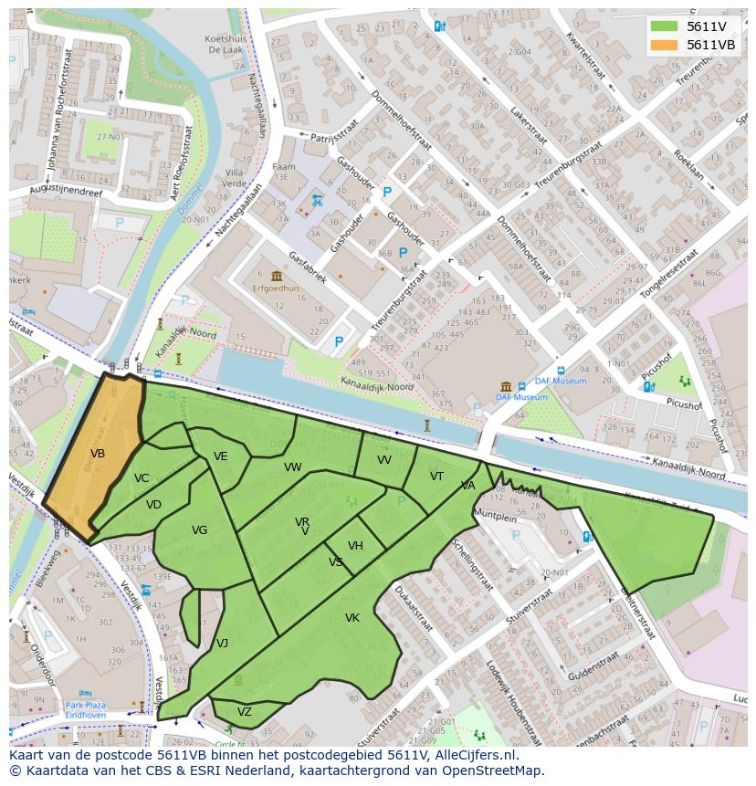 Afbeelding van het postcodegebied 5611 VB op de kaart.