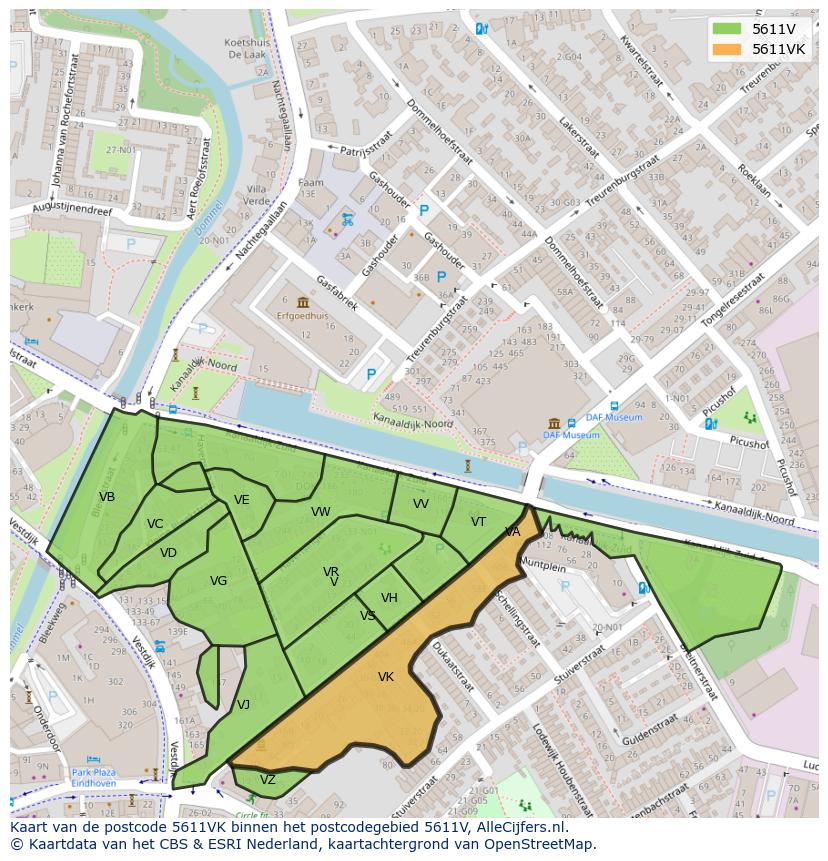 Afbeelding van het postcodegebied 5611 VK op de kaart.