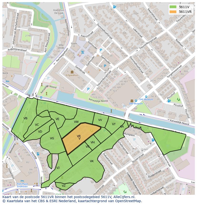 Afbeelding van het postcodegebied 5611 VR op de kaart.