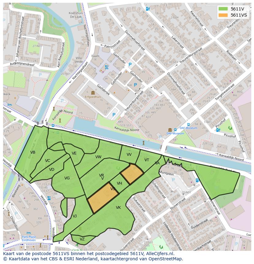 Afbeelding van het postcodegebied 5611 VS op de kaart.