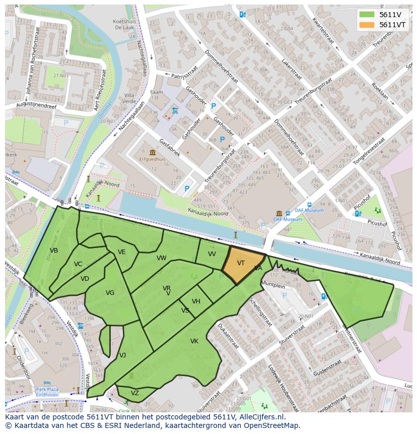 Afbeelding van het postcodegebied 5611 VT op de kaart.