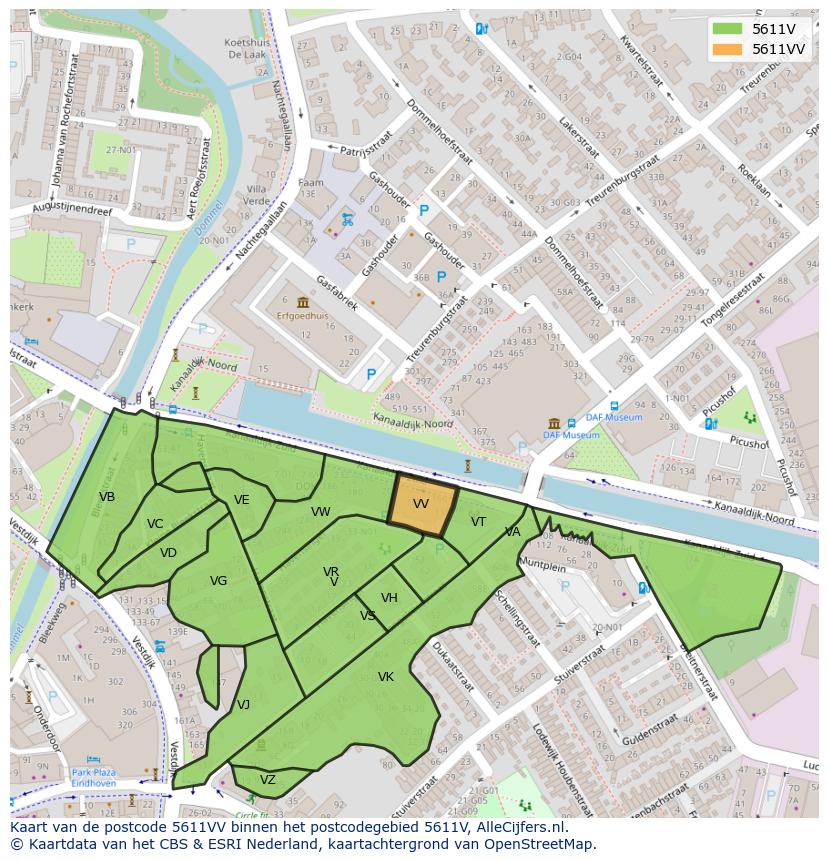 Afbeelding van het postcodegebied 5611 VV op de kaart.