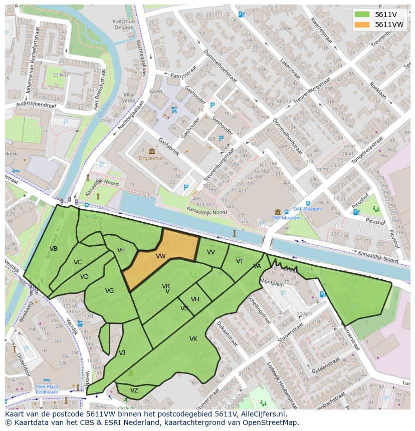 Afbeelding van het postcodegebied 5611 VW op de kaart.