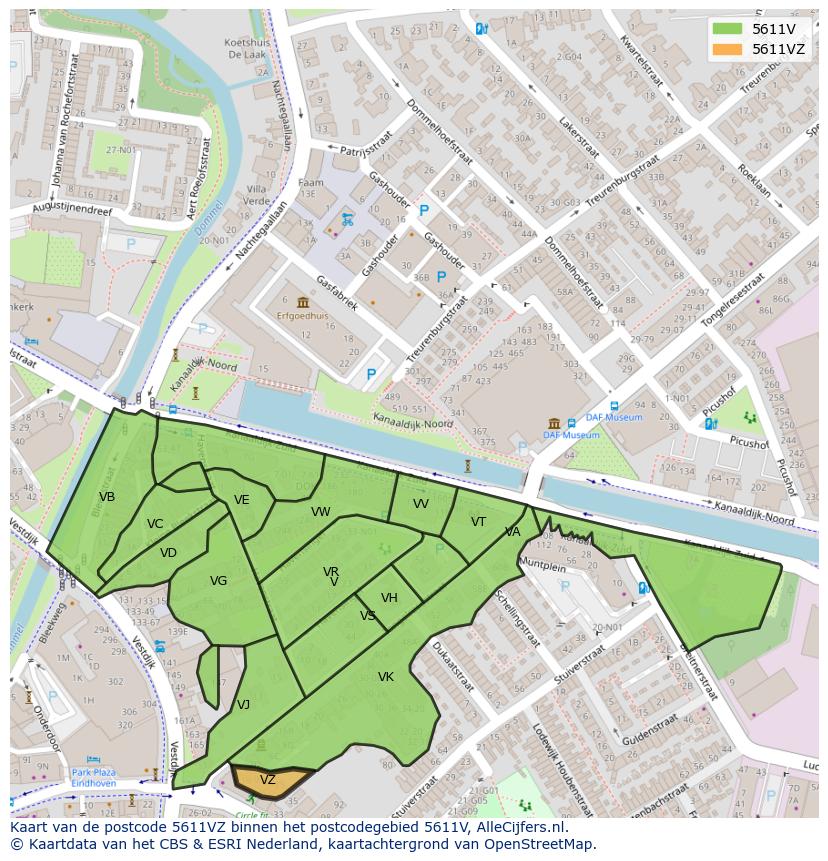 Afbeelding van het postcodegebied 5611 VZ op de kaart.