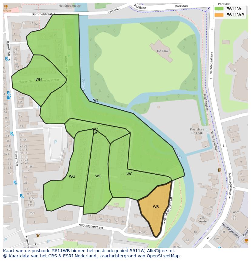 Afbeelding van het postcodegebied 5611 WB op de kaart.