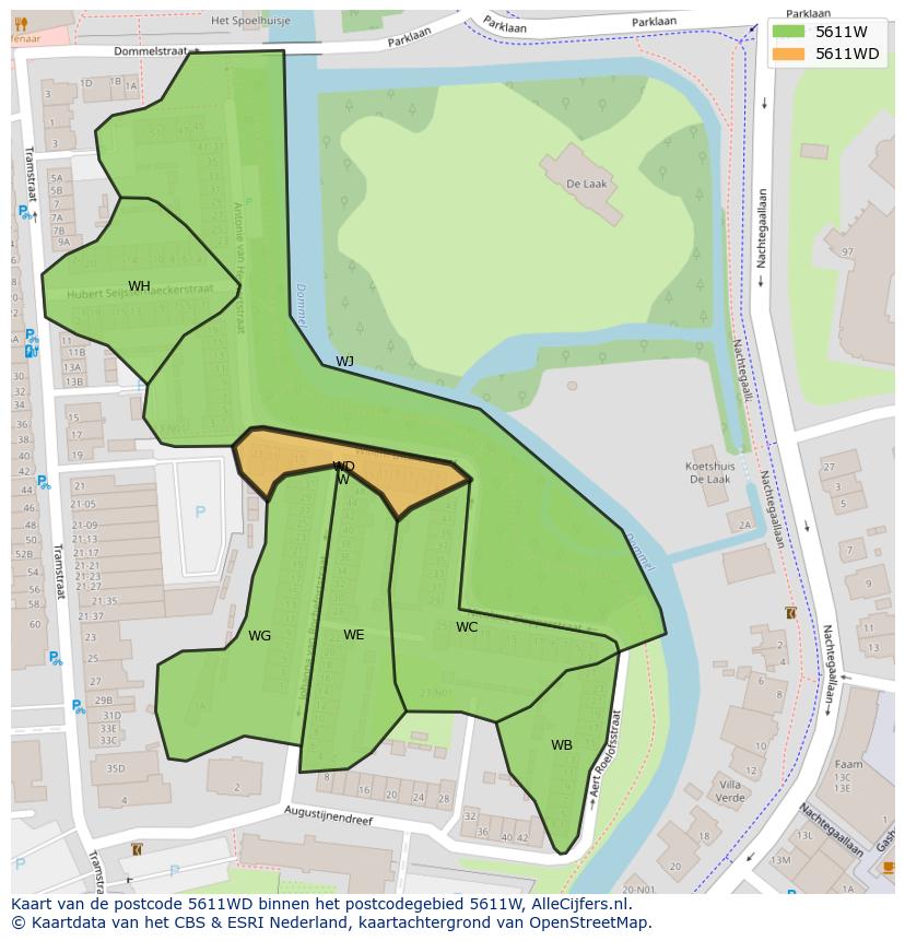 Afbeelding van het postcodegebied 5611 WD op de kaart.