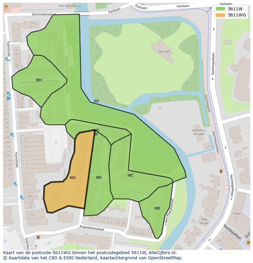 Afbeelding van het postcodegebied 5611 WG op de kaart.