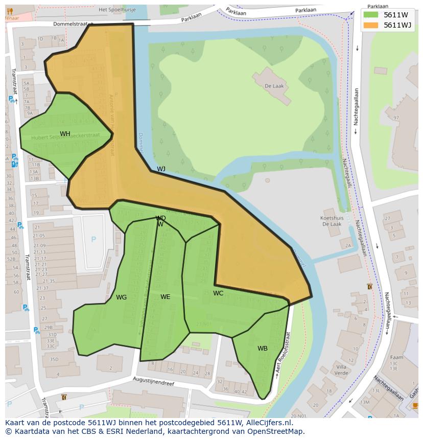 Afbeelding van het postcodegebied 5611 WJ op de kaart.