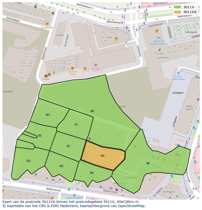 Afbeelding van het postcodegebied 5611 XA op de kaart.