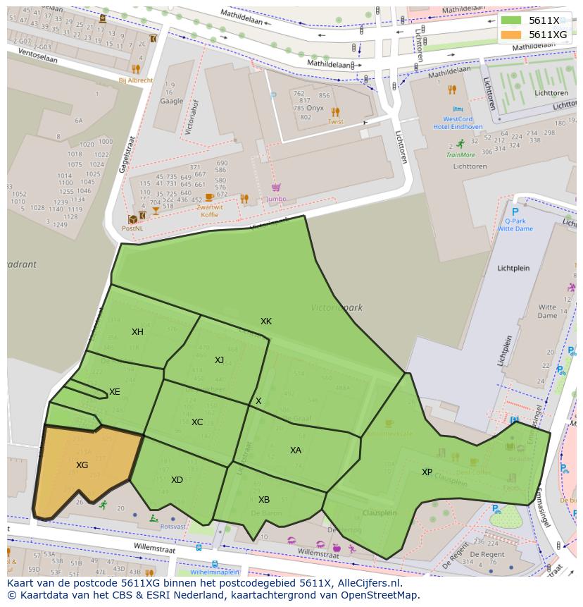 Afbeelding van het postcodegebied 5611 XG op de kaart.