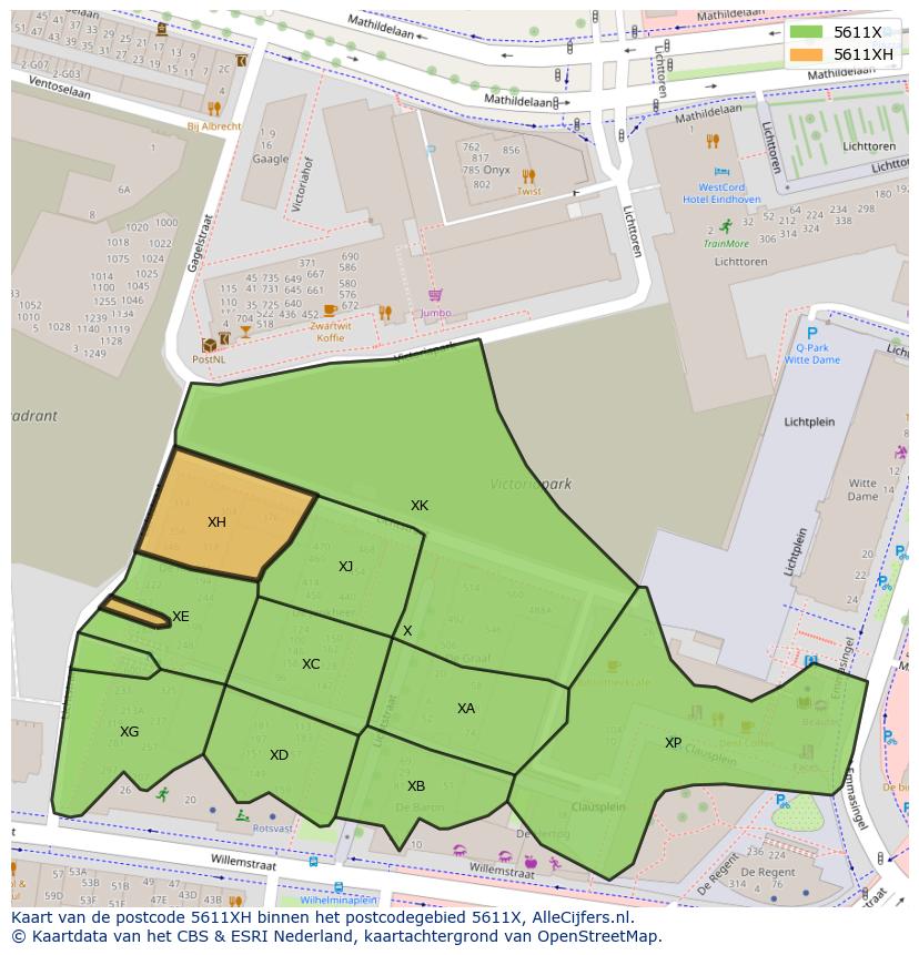 Afbeelding van het postcodegebied 5611 XH op de kaart.