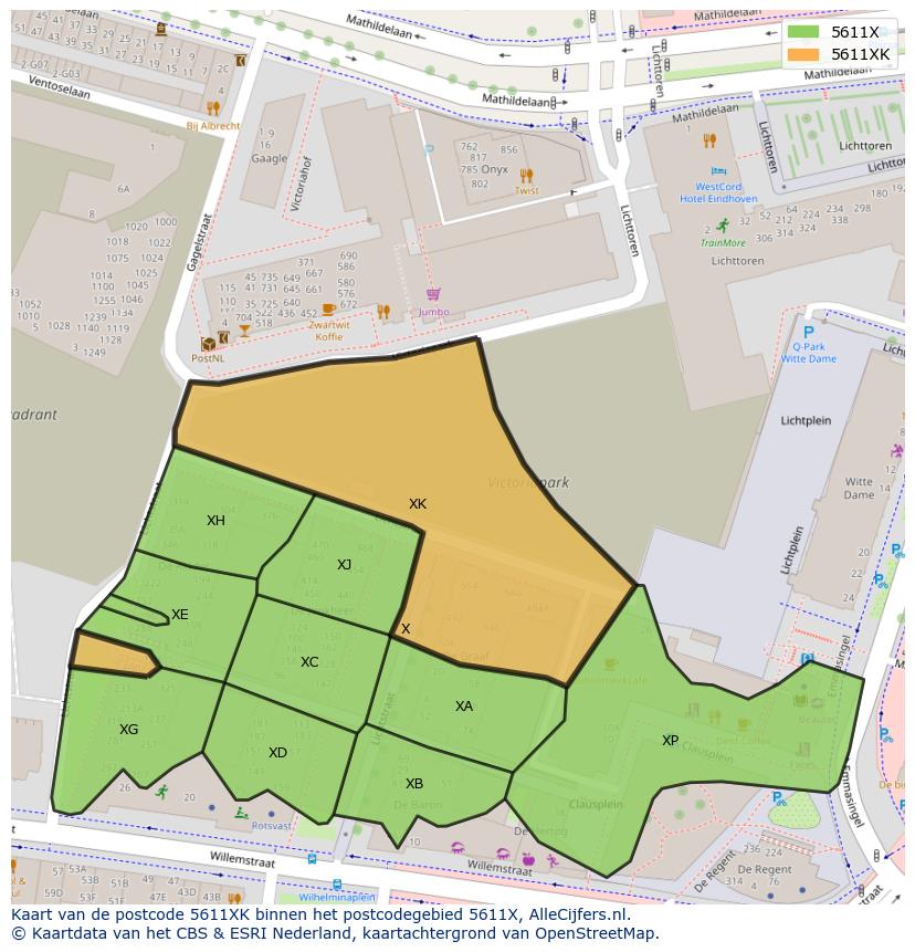 Afbeelding van het postcodegebied 5611 XK op de kaart.