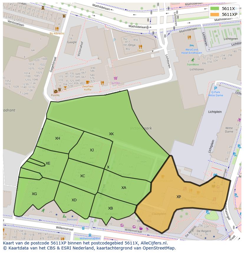 Afbeelding van het postcodegebied 5611 XP op de kaart.