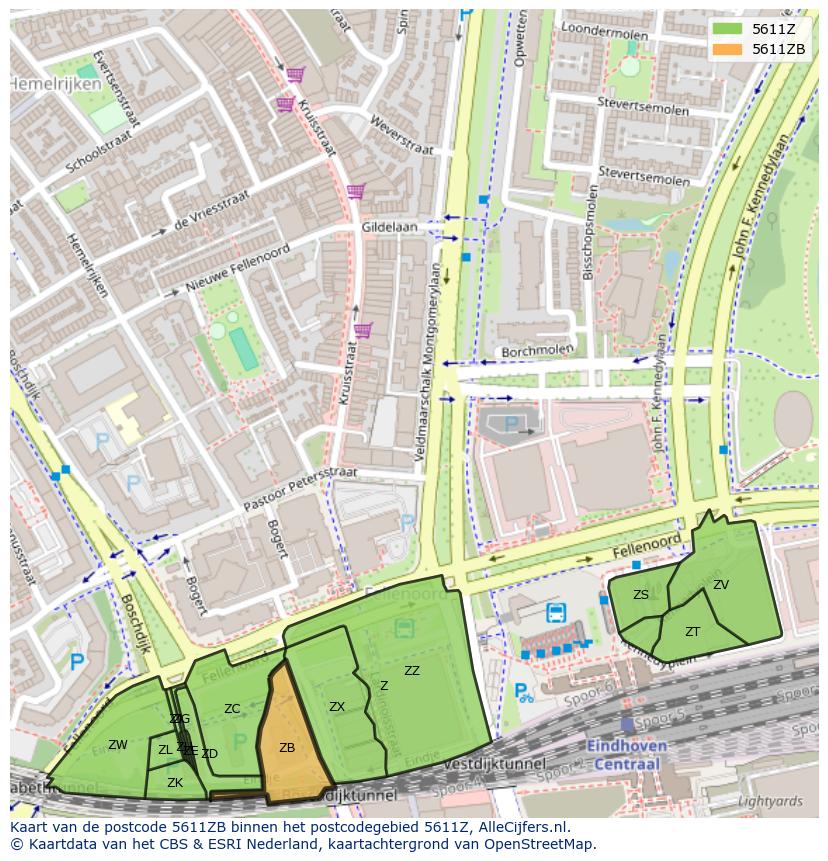 Afbeelding van het postcodegebied 5611 ZB op de kaart.