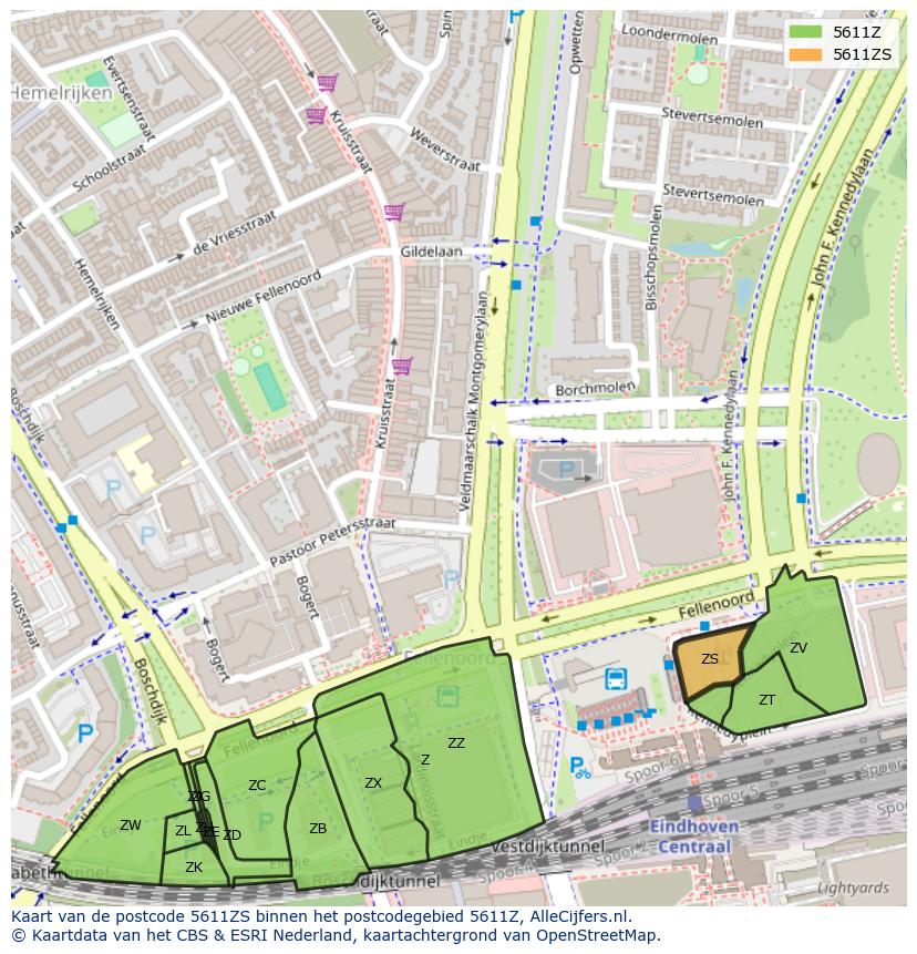 Afbeelding van het postcodegebied 5611 ZS op de kaart.