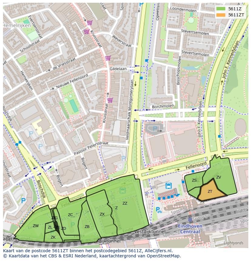 Afbeelding van het postcodegebied 5611 ZT op de kaart.