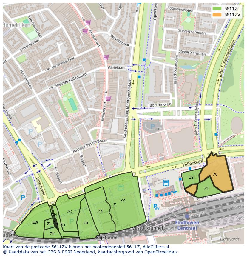 Afbeelding van het postcodegebied 5611 ZV op de kaart.