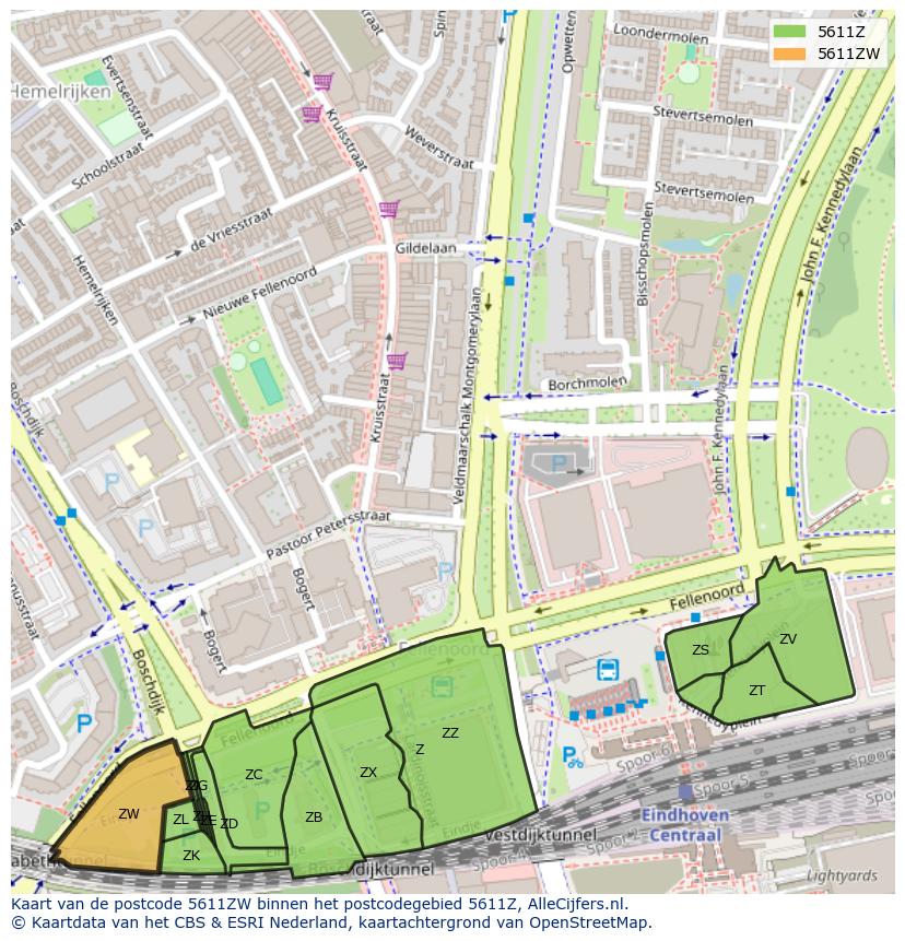 Afbeelding van het postcodegebied 5611 ZW op de kaart.