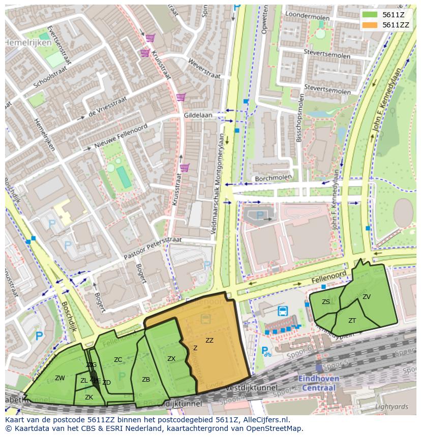 Afbeelding van het postcodegebied 5611 ZZ op de kaart.
