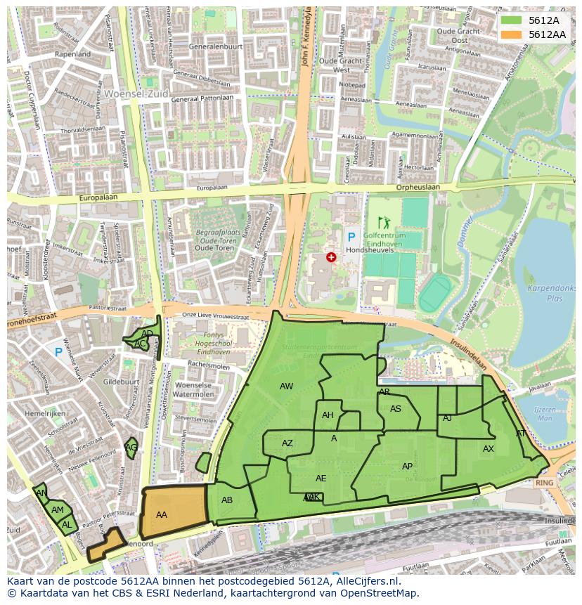 Afbeelding van het postcodegebied 5612 AA op de kaart.