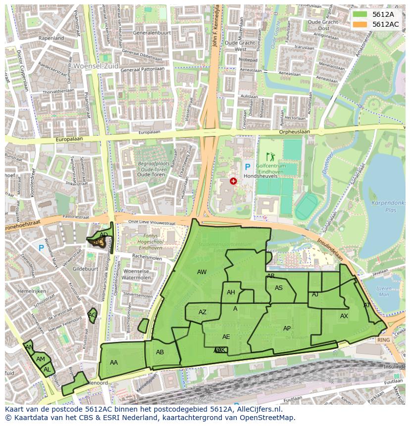 Afbeelding van het postcodegebied 5612 AC op de kaart.