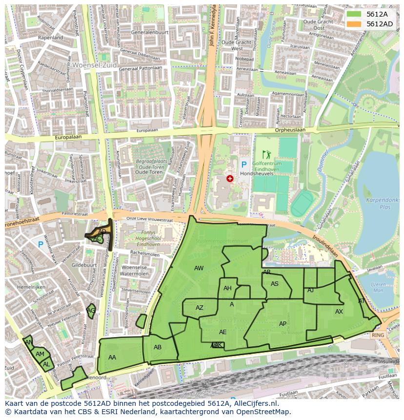 Afbeelding van het postcodegebied 5612 AD op de kaart.