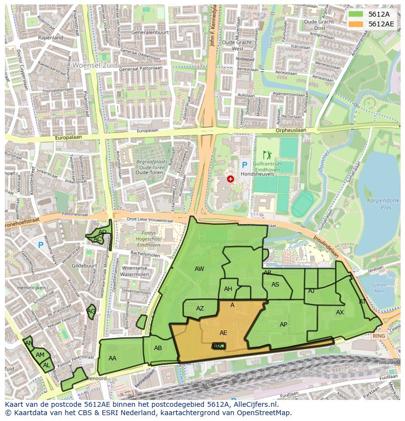Afbeelding van het postcodegebied 5612 AE op de kaart.