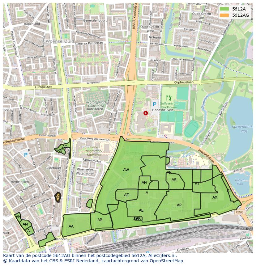 Afbeelding van het postcodegebied 5612 AG op de kaart.