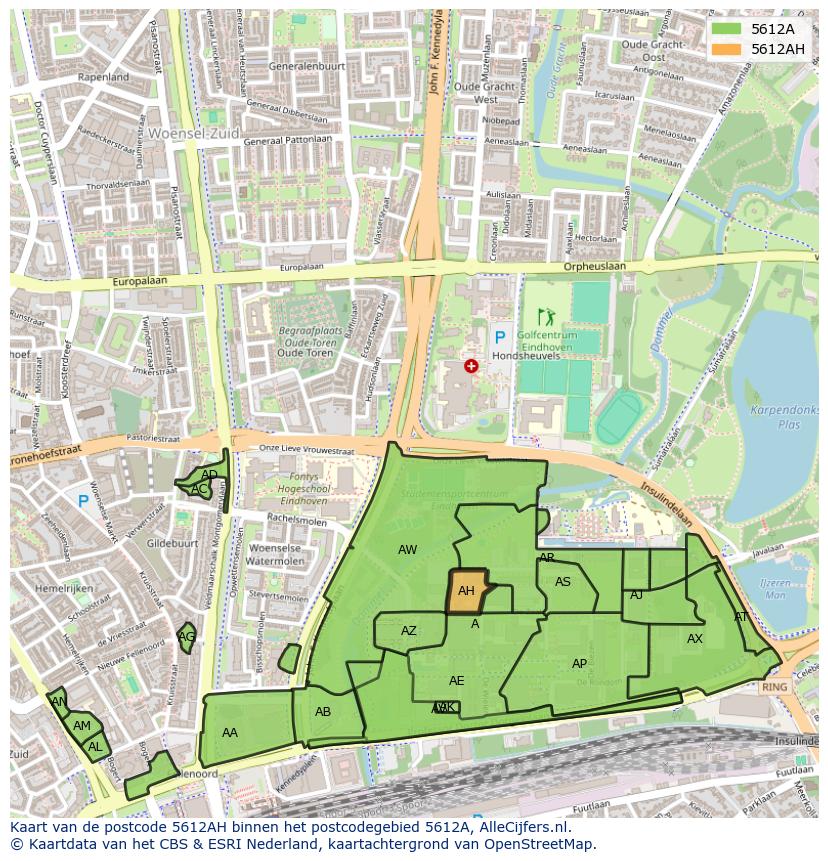 Afbeelding van het postcodegebied 5612 AH op de kaart.