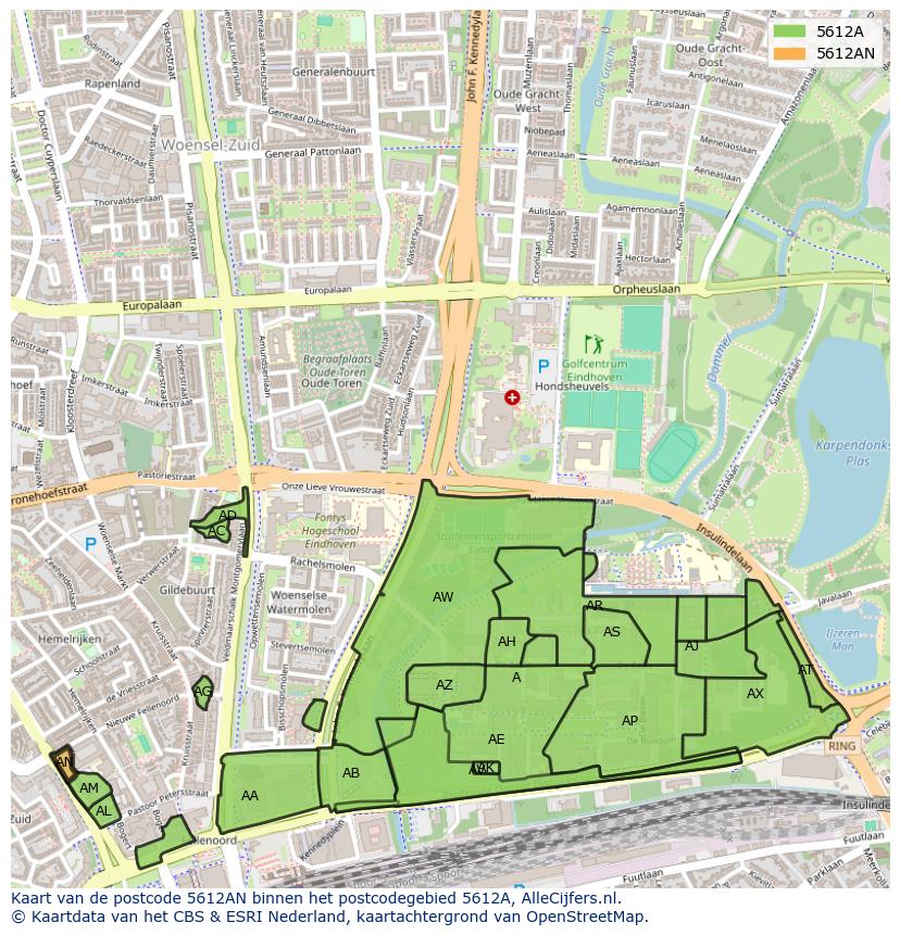 Afbeelding van het postcodegebied 5612 AN op de kaart.