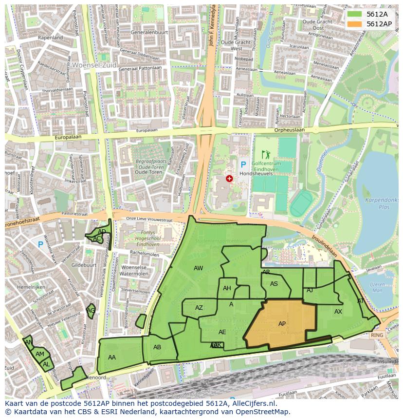 Afbeelding van het postcodegebied 5612 AP op de kaart.