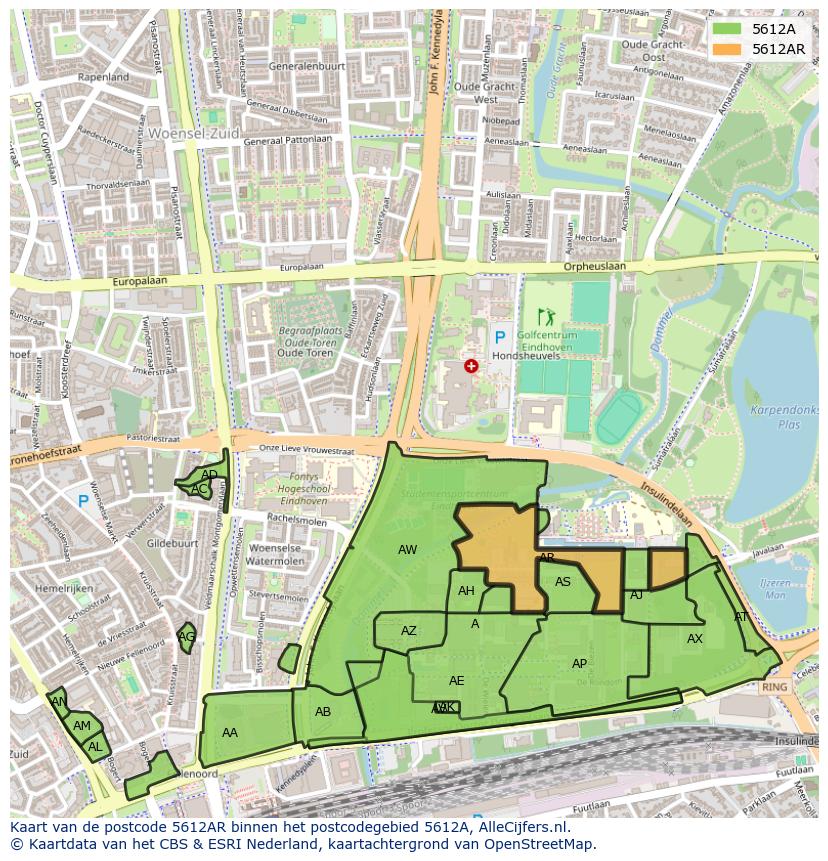 Afbeelding van het postcodegebied 5612 AR op de kaart.
