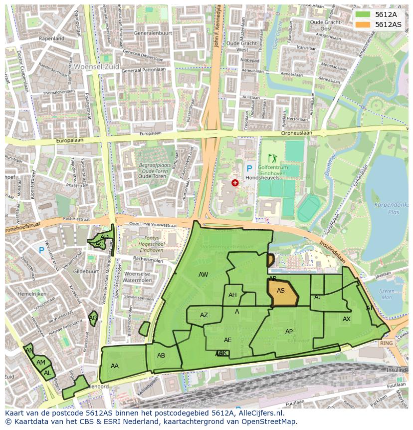 Afbeelding van het postcodegebied 5612 AS op de kaart.