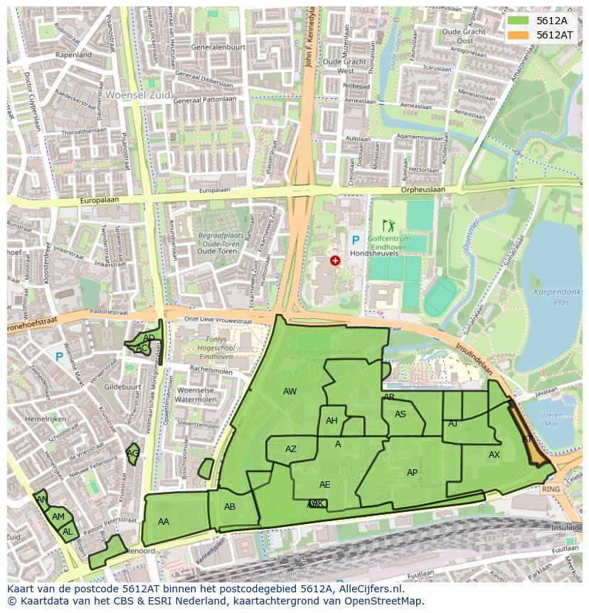 Afbeelding van het postcodegebied 5612 AT op de kaart.