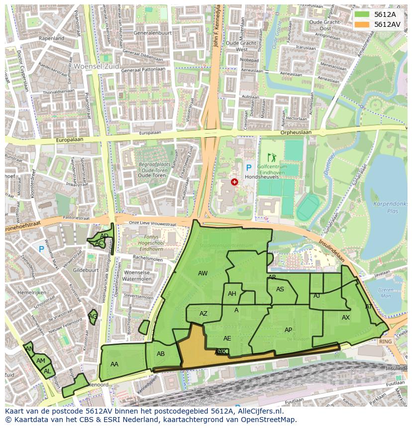 Afbeelding van het postcodegebied 5612 AV op de kaart.