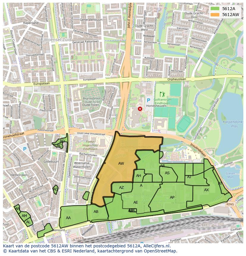 Afbeelding van het postcodegebied 5612 AW op de kaart.