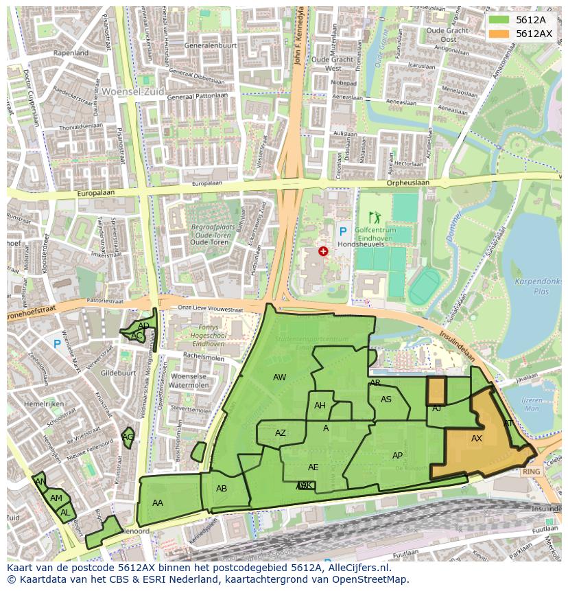 Afbeelding van het postcodegebied 5612 AX op de kaart.