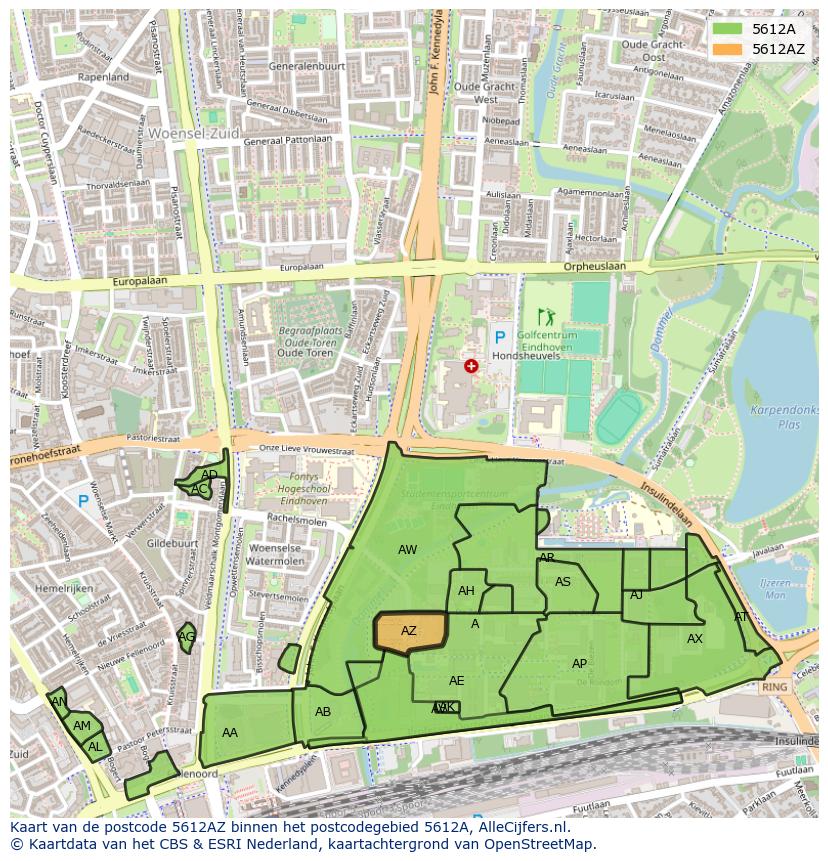 Afbeelding van het postcodegebied 5612 AZ op de kaart.