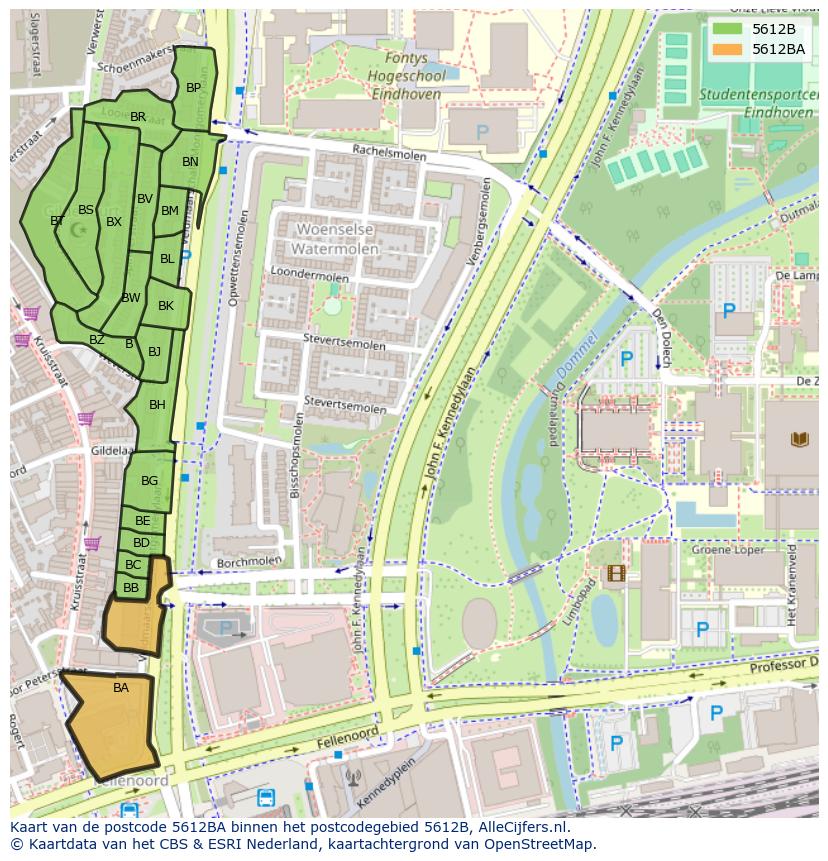 Afbeelding van het postcodegebied 5612 BA op de kaart.
