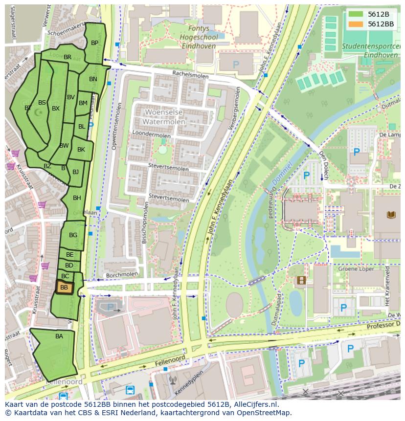 Afbeelding van het postcodegebied 5612 BB op de kaart.