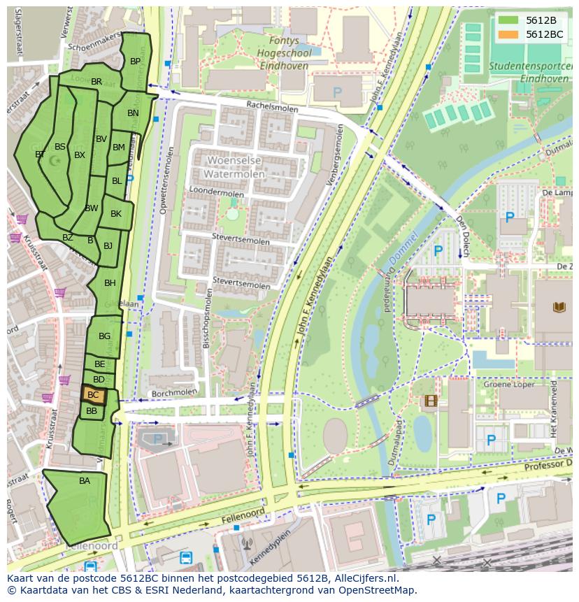 Afbeelding van het postcodegebied 5612 BC op de kaart.