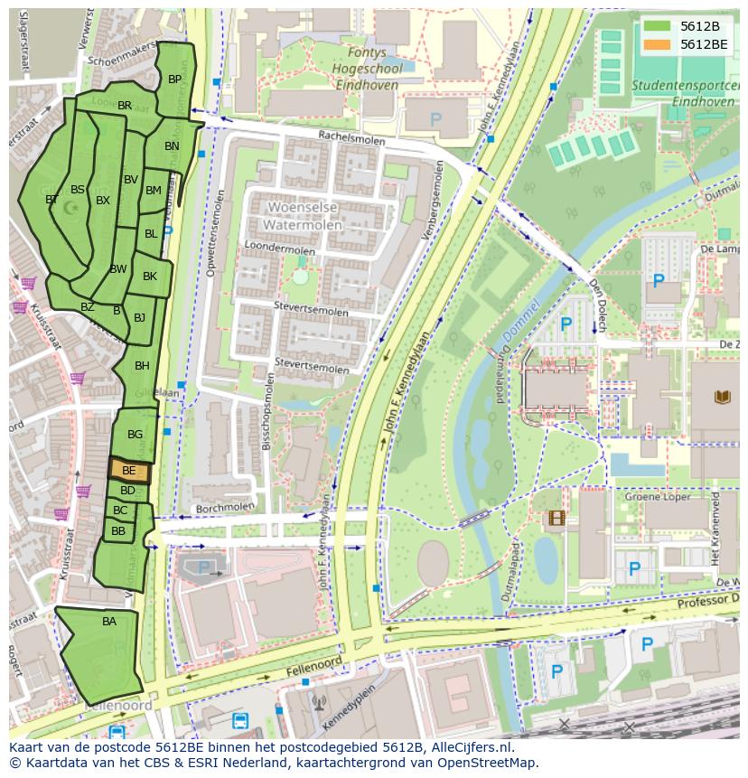 Afbeelding van het postcodegebied 5612 BE op de kaart.