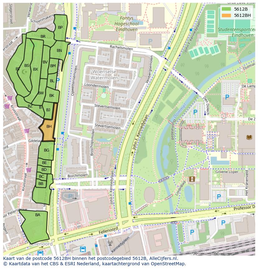 Afbeelding van het postcodegebied 5612 BH op de kaart.