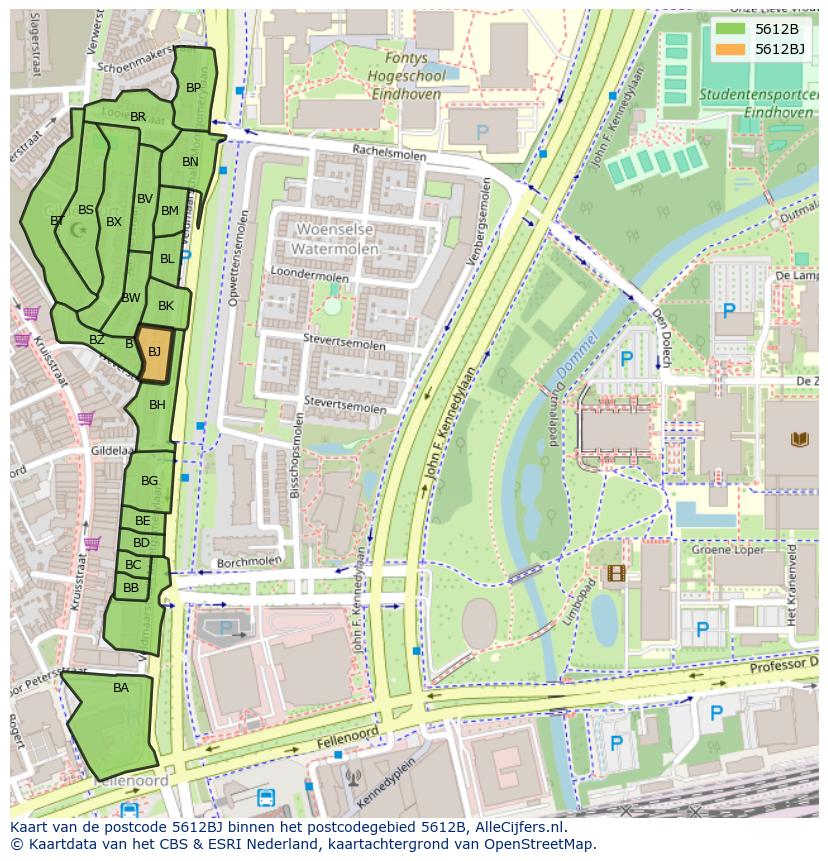 Afbeelding van het postcodegebied 5612 BJ op de kaart.