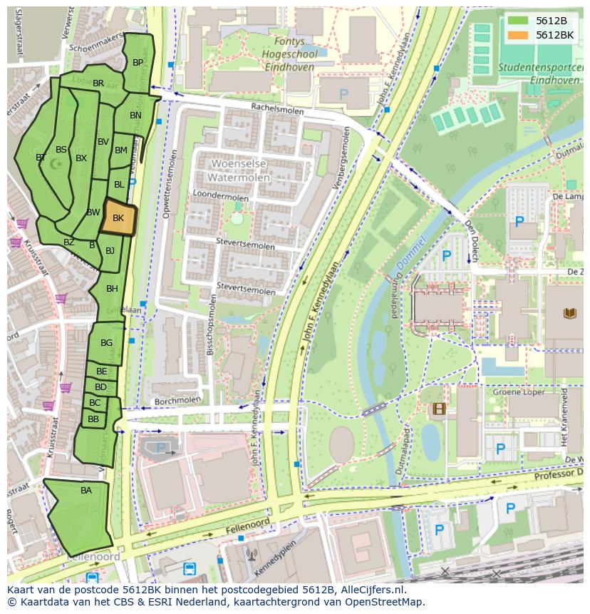 Afbeelding van het postcodegebied 5612 BK op de kaart.