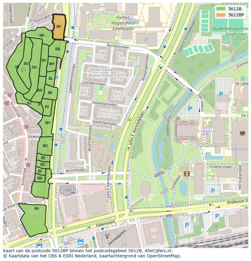 Afbeelding van het postcodegebied 5612 BP op de kaart.
