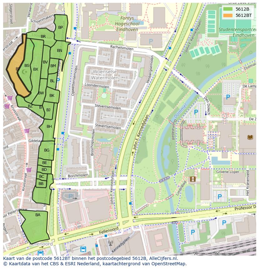 Afbeelding van het postcodegebied 5612 BT op de kaart.